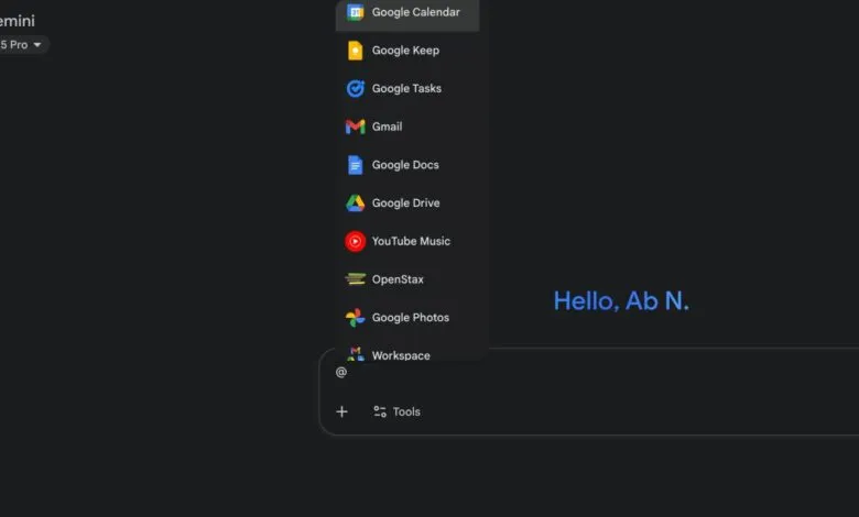 Gemini AI interface showing a dropdown menu of Google apps and services.
