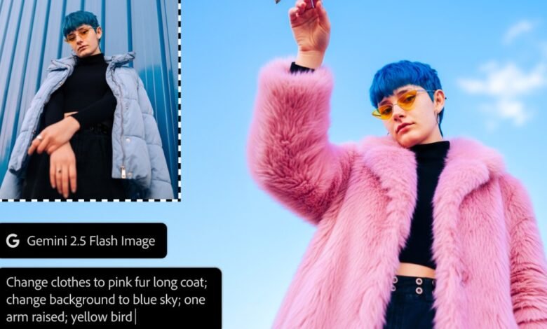 Person with blue hair and yellow sunglasses wearing a pink fur coat against a blue sky.