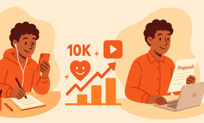 Illustration of two young men working, one on a phone and notebook, the other on a laptop with proposals.