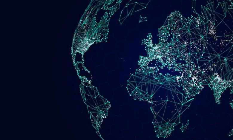 Digital representation of Earth with glowing connections and data points.