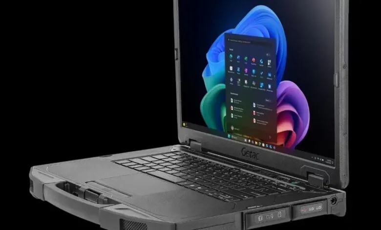 Close-up of a rugged Getac S510AD laptop with its screen displaying Windows 11.