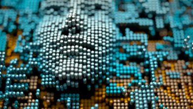 Abstract face formed by metallic cylinders, representing artificial intelligence.
