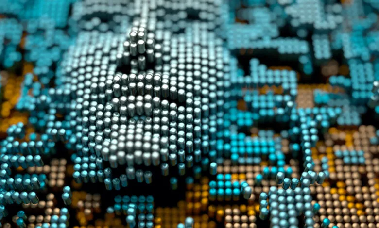 Abstract face formed by metallic cylinders, representing artificial intelligence.