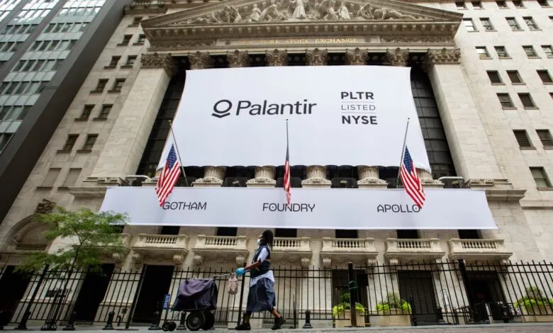 Palantir Technologies banner displayed on the New York Stock Exchange building.