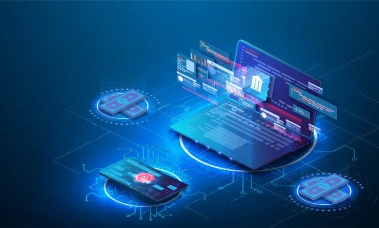 Isometric illustration of digital banking with a laptop, smartphone, and currency.