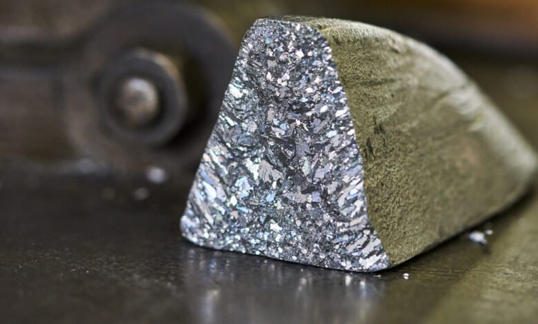 Close-up of a triangular prism of crystalline lead with a rough, textured exterior.
