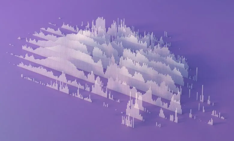 3D abstract visualization of data represented by white vertical bars on a purple background.