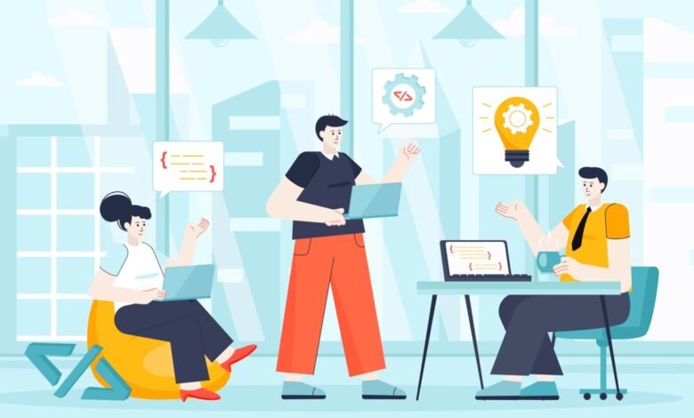 Team of three people collaborating on a project in a modern office setting.