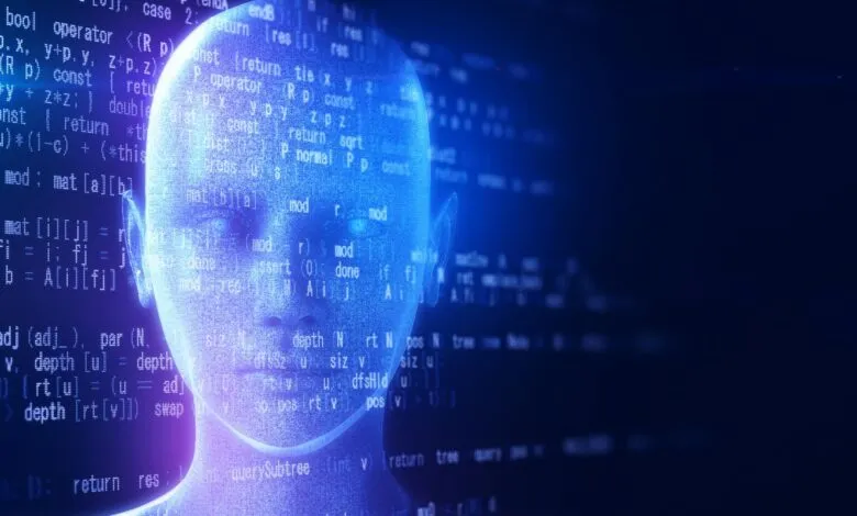 A translucent, glowing blue AI head superimposed over lines of code.