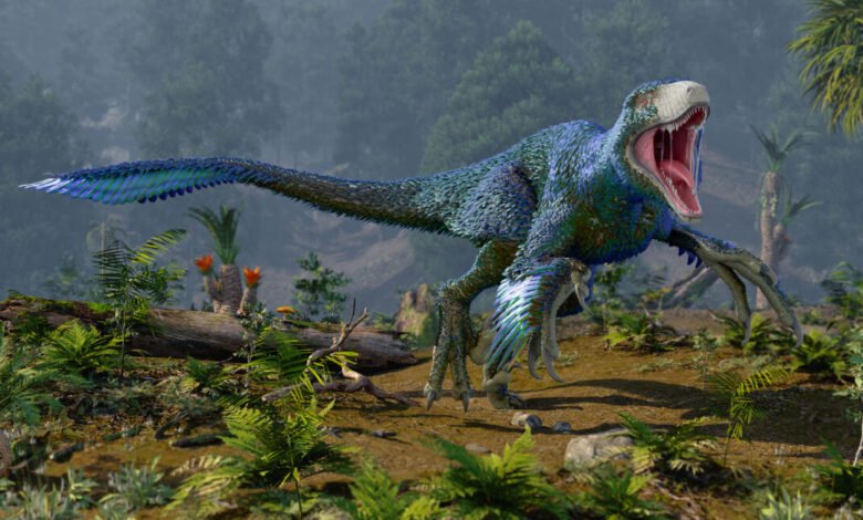 A Dakotaraptor dinosaur with vibrant blue and green iridescent feathers, roaring in a prehistoric forest.