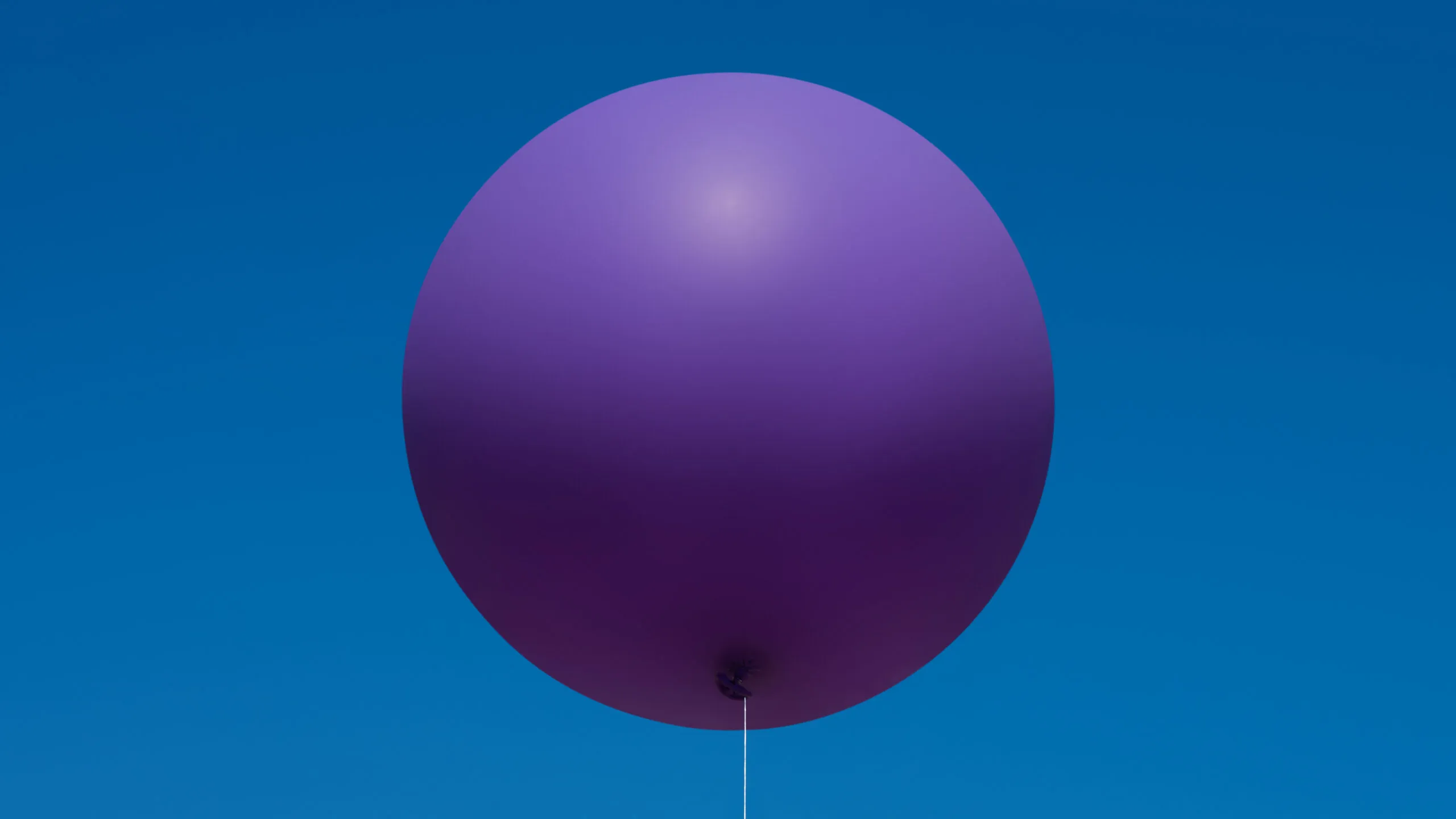 A single, large purple balloon floats against a clear blue sky.