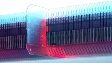 Abstract digital art of stacked circuit boards with glowing red and blue lights.