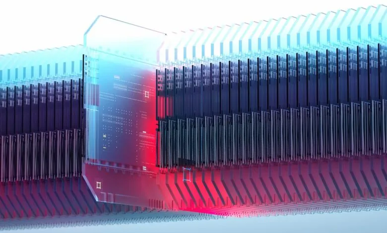 Abstract digital art of stacked circuit boards with glowing red and blue lights.