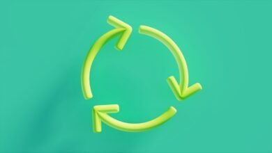 A 3D rendering of a bright green recycling symbol with three arrows in a circular motion.