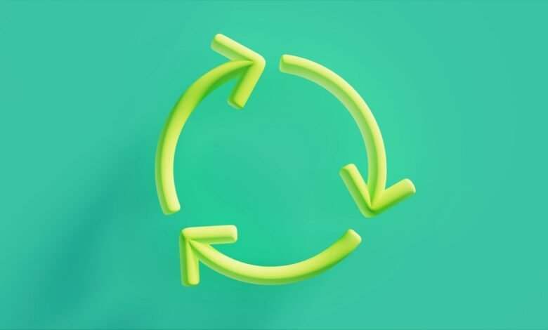 A 3D rendering of a bright green recycling symbol with three arrows in a circular motion.