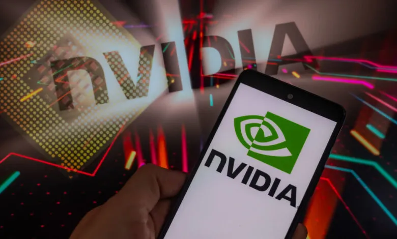 NVIDIA logo displayed on a smartphone screen, with a large NVIDIA logo and a computer chip in the background.