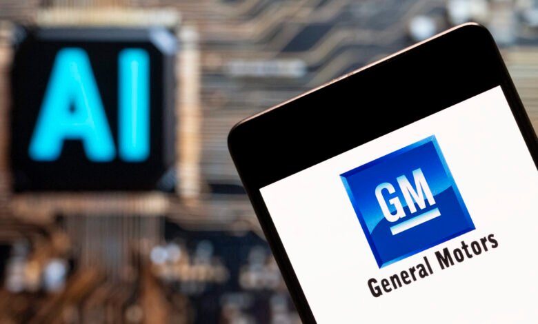 Smartphone displaying the General Motors logo next to an AI symbol.