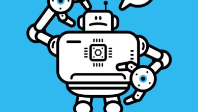 A confused robot with a sad face and multiple arms scratching its head.