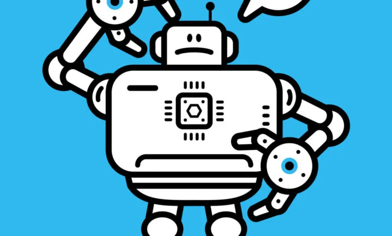 A confused robot with a sad face and multiple arms scratching its head.