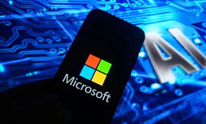 Smartphone displaying the Microsoft logo against a background of AI symbols and circuitry.