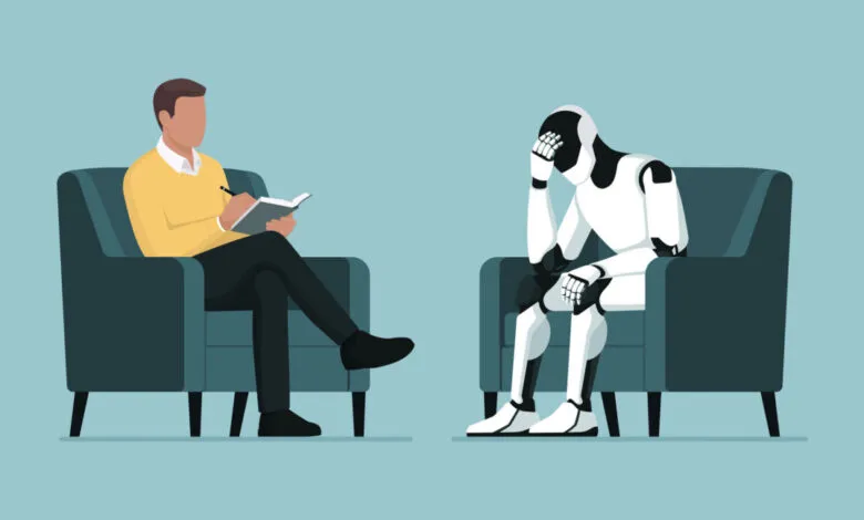 A psychologist sits in a chair, taking notes while a distressed robot sits opposite him.