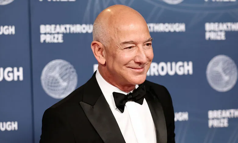 Jeff Bezos smiles while wearing a tuxedo and bow tie at the Breakthrough Prize ceremony.