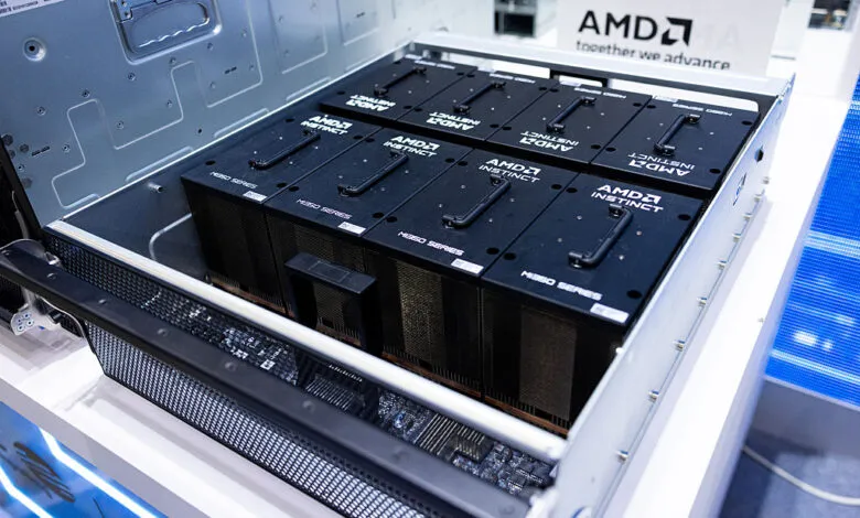 Server rack filled with AMD Instinct MI350 GPUs at Computex 2025.