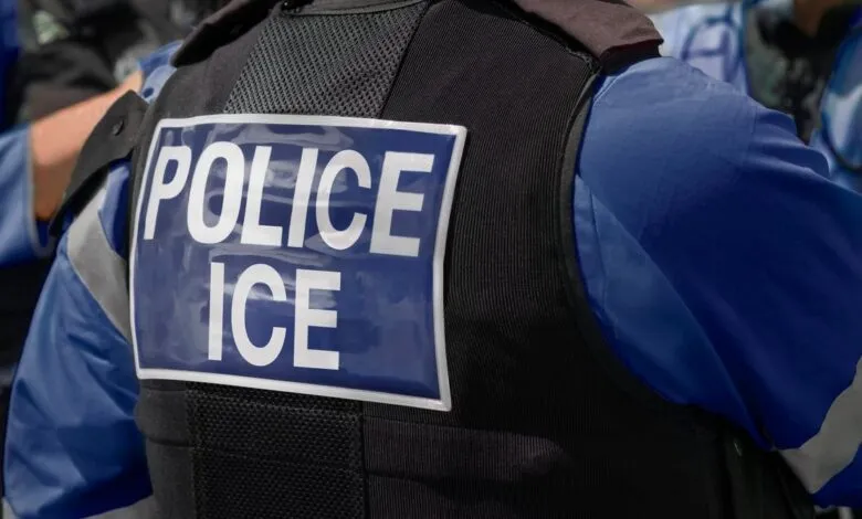 Close-up of a law enforcement officer's vest with 'POLICE ICE' clearly visible.
