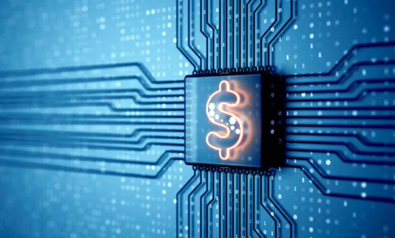 Close-up of a glowing dollar sign on a microchip with circuit board connections.