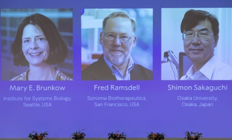 Portraits of Nobel Prize winners Mary E. Brunkow, Fred Ramsdell, and Shimon Sakaguchi.