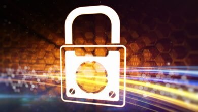 White padlock icon superimposed on a background of binary code and glowing light streaks.