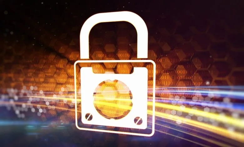 White padlock icon superimposed on a background of binary code and glowing light streaks.