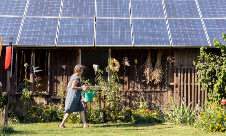Woman watering plants in a garden with solar panels on a rustic building.