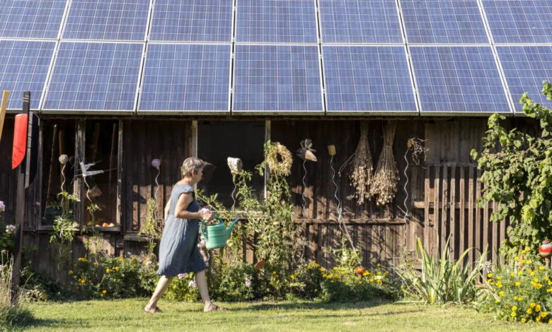 Woman watering plants in a garden with solar panels on a rustic building.