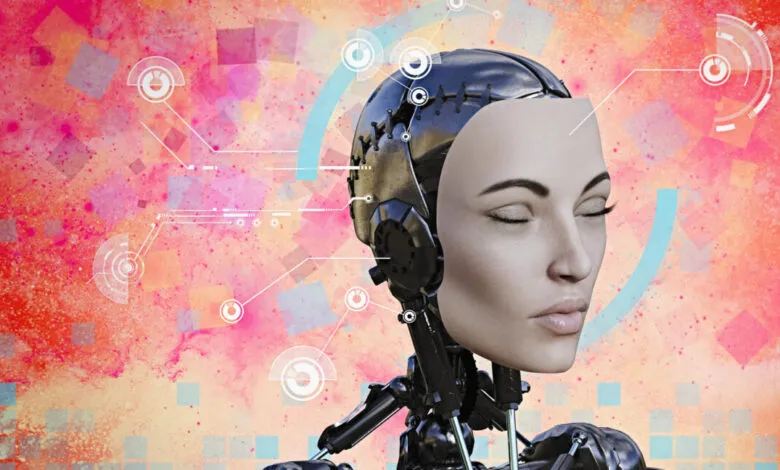 Close-up of a cyborg's head with a human-like face partially covering a metallic robotic structure.