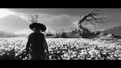 Samurai warrior in a field of white flowers, facing a desolate landscape with a gnarled tree.