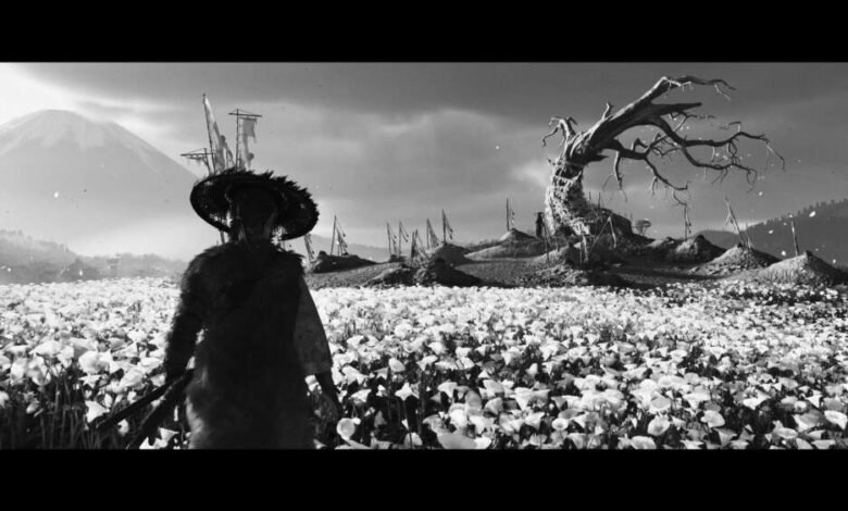 Samurai warrior in a field of white flowers, facing a desolate landscape with a gnarled tree.