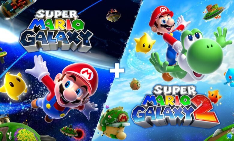 Mario and Yoshi flying through space with Super Mario Galaxy logos