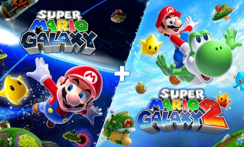 Mario and Yoshi flying through space with Super Mario Galaxy logos