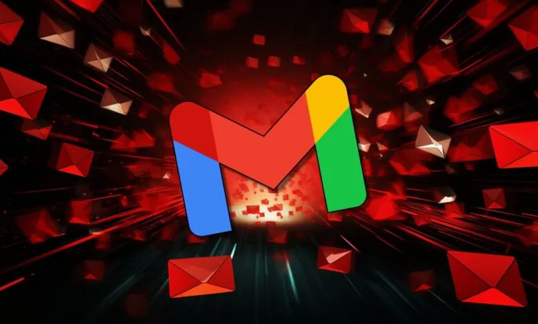 The Gmail logo with a red, black, and abstract background of flying envelopes.