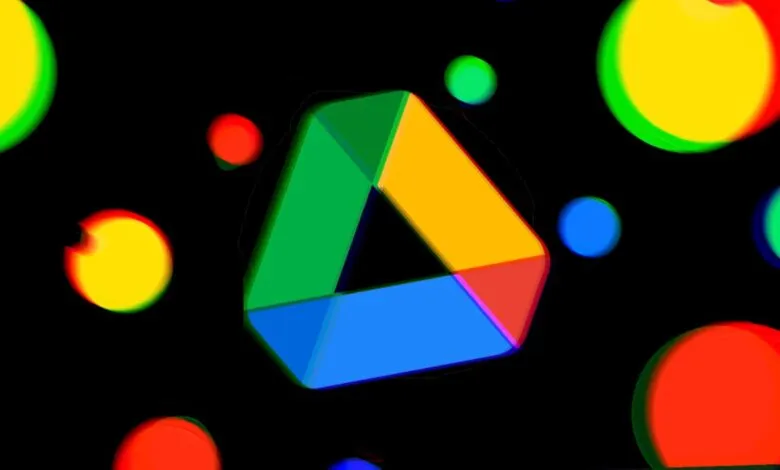 Google Drive logo with colorful bokeh lights on a black background.