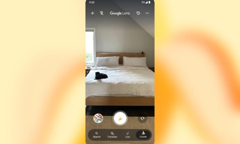 Screenshot of Google Lens app showing a bedroom with a black cat on the bed.