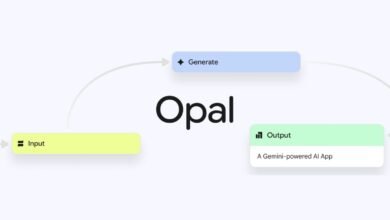 Diagram showing Opal AI app workflow with Input, Generate, and Output stages.