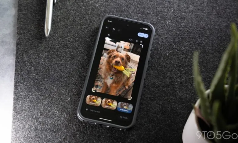 Smartphone displaying Google Photos app with AI editing options for a dog photo.