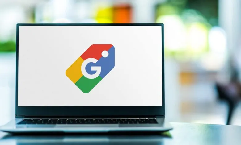 Laptop displaying the Google Shopping ads logo on its screen.