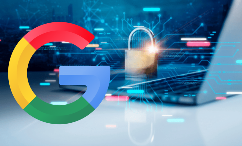 Google logo superimposed over a digital circuit board with a padlock.