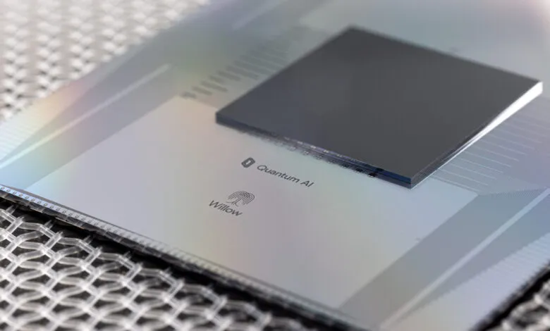 Close-up of Google's Quantum AI Willow chip on a textured surface.