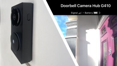 Close-up of a black doorbell camera and its view of a purple front door.