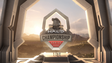 Halo Championship Series logo with Master Chief helmet and four figures on a stage.