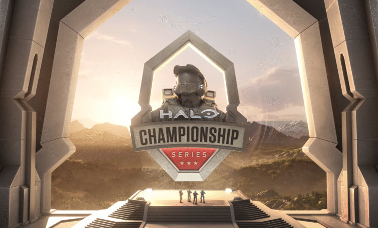 Halo Championship Series logo with Master Chief helmet and four figures on a stage.